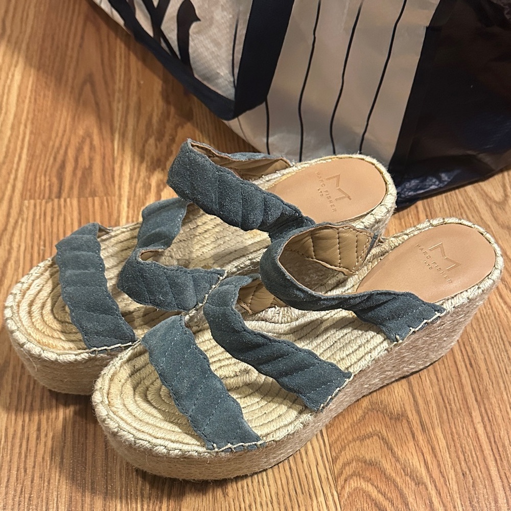 Marc Fisher Blue and Tan Espadrille Wedges
